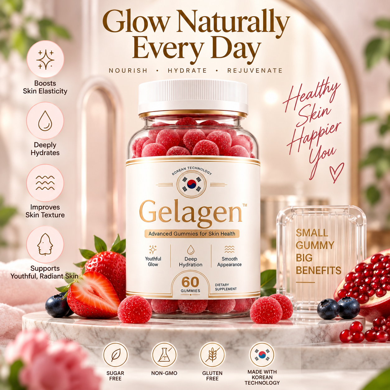 Gelagen skin health gummies bottle highlighting sugar free, non-GMO, gluten free and Korean technology formulation